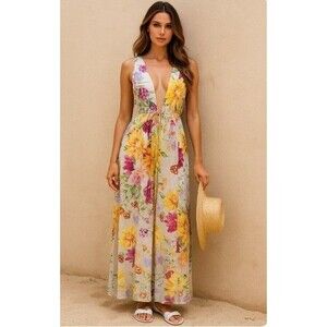 H&M Maxi Dress Floral Summer Linen V Neck Sleeveless NWT Womens Size L
